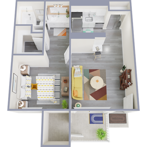 a 3d rendering of the 1 bedroom 1 bathroom apartment with a large living room and dining